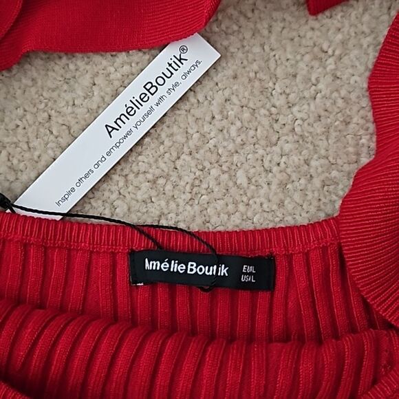 AmélieBoutik Women Square Neck Tie Back Long Sleeve Ribbed Sweater Red L - Picture 7 of 10